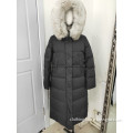 Lady black long down coat with hood